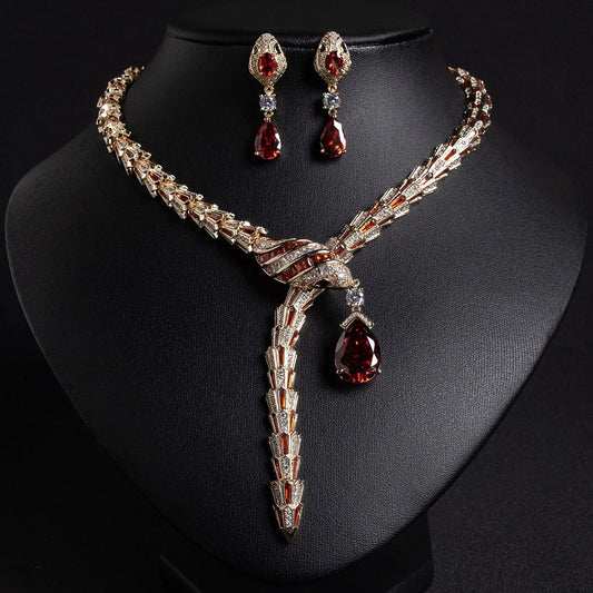 Snake Design Luxury Brand Jewelry Sets Elegant Gold Plated Red Green Snake Necklace Earring Sets