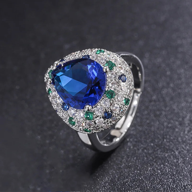 Fashion Eco-friendly Copper Pear Cut 10*12MM Water Drop Blue Pendant Earrings Ring Set Water Drop Jewelry Set for Women