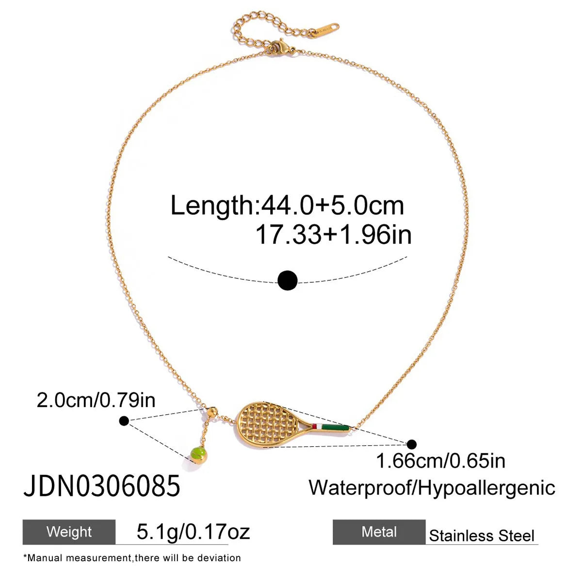 REDheart Tennis Racket Jewelry Set CE Certified Stainless Steel 18K Gold Plated Enamel Tennis Ball Necklace Bracelet Set for Sports Fan