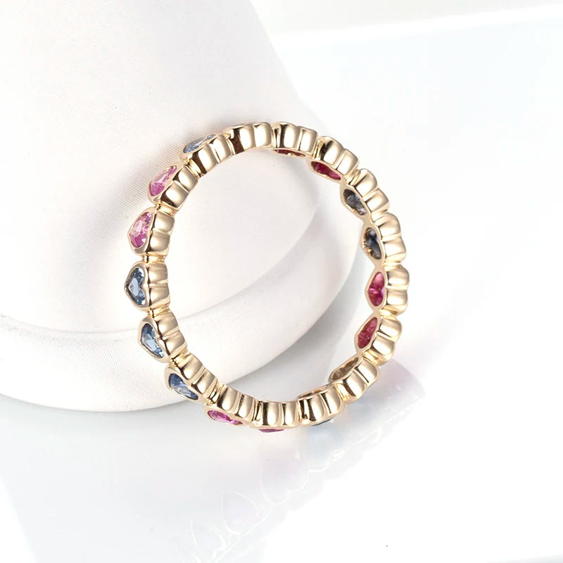 Rainbow Trendy Ring Heart Cut 9k Yellow Gold Corundum Ring for Women Lab Grown Emerald