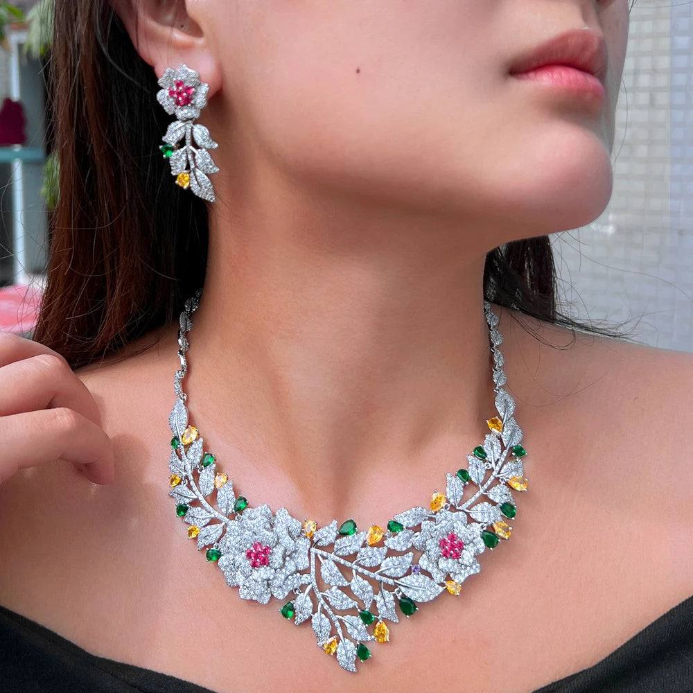 Luxury African Gold Plated Cubic Zirconia Statement Flower Leaf Shape Bridal Jewelry Set for Women Wedding Costume Jewellery