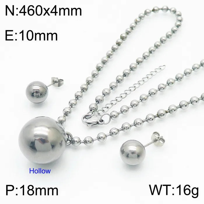 FASHIONISTA Fashion Simple Two-Piece Set Gold Plated Bead Pendant Stainless Steel Necklace Earrings Jewelry Set