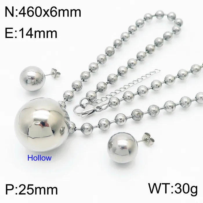 FASHIONISTA Fashion Simple Two-Piece Set Gold Plated Bead Pendant Stainless Steel Necklace Earrings Jewelry Set
