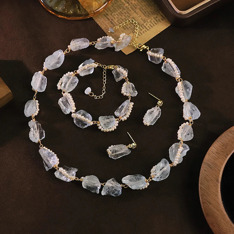Natural Freshwater Pearl Aquamarine Jewelry Set for Women Dating Daily Party Gift Pearl Jewelry Set Ocean Style Dainty Jewelry