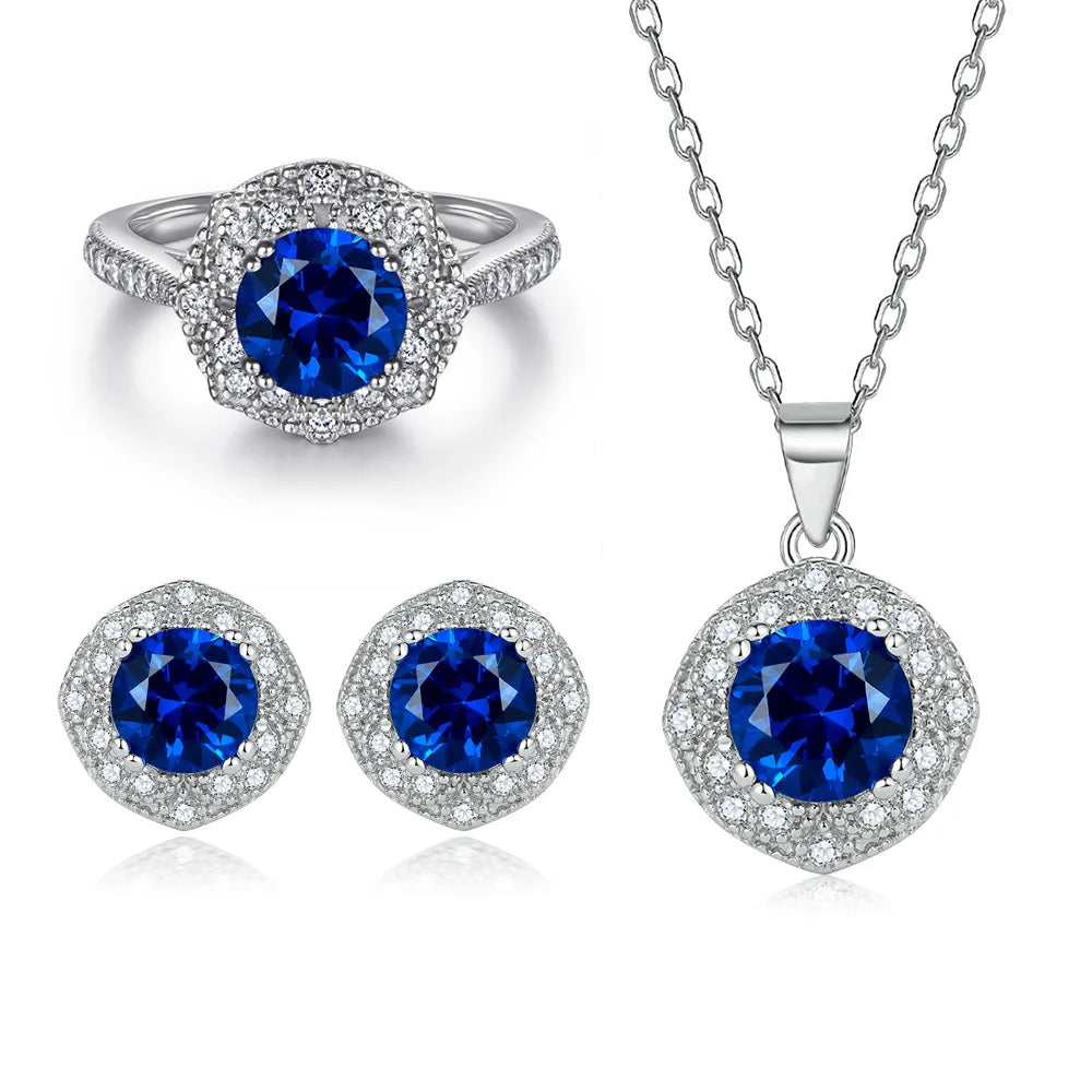 ArtistA Fine Jewelry Set Zircon Blue Sparkle Necklace S925 Silver Ring Wedding Party Women's Gift High Quality