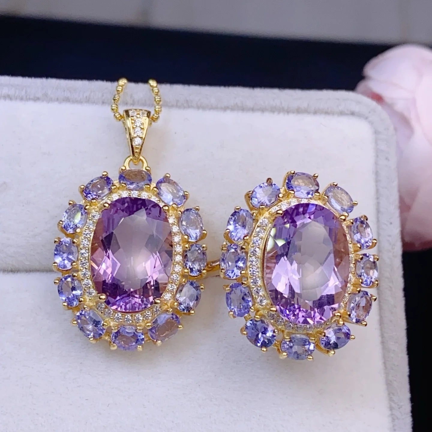 925 Sterling Silver Natural Tanzanite Amethyst  Necklace Ring Set Jewelry Set Pendant Set Gift