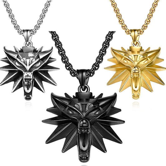Viking Wolf Head Pendant Necklace – 18K Gold, Silver & Black | Men's Stainless Steel Chain