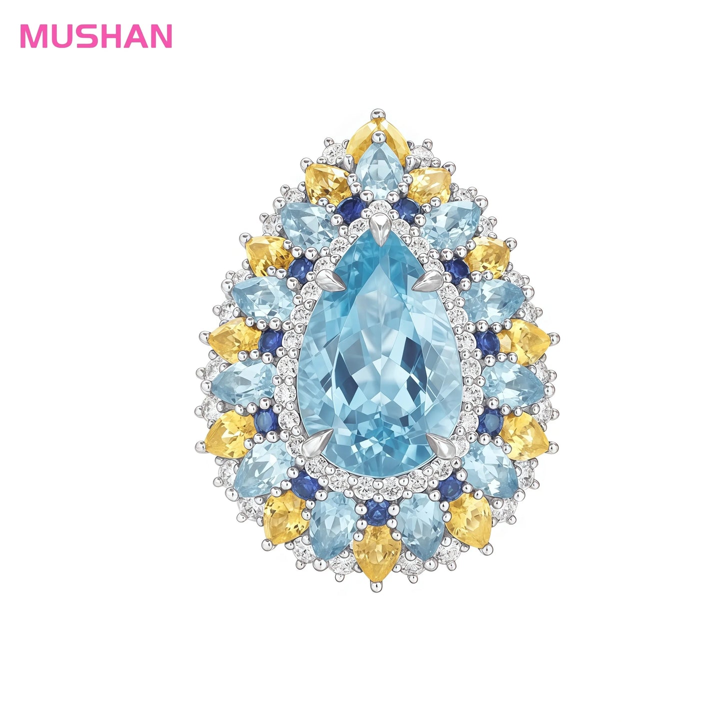 MUSHAN Luxury 925 Sterling Silver Wedding Bands Rings Sunflower Inlay Blue Teardrop Shape High Carbon Diamond Pave Setting Women