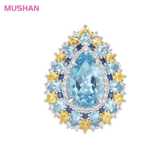 MUSHAN Luxury 925 Sterling Silver Wedding Bands Rings Sunflower Inlay Blue Teardrop Shape High Carbon Diamond Pave Setting Women