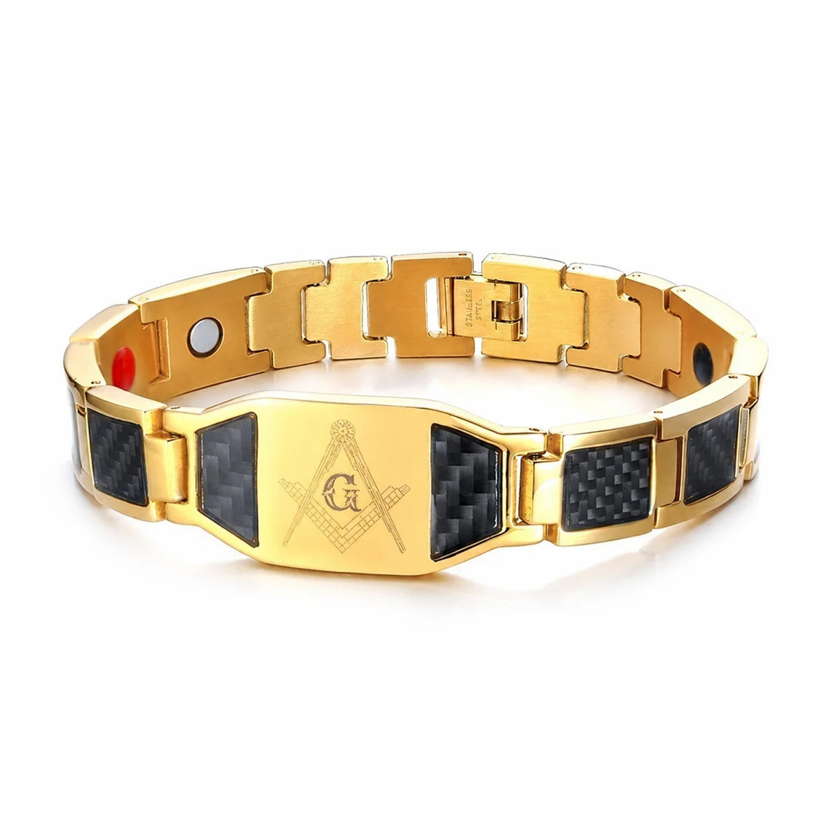 REBEL Black Stainless Steel Magnetic Therapy Link Bracelet with Carbon Fiber Inlay and Masonic Square & Compass Engraved Plate for Men