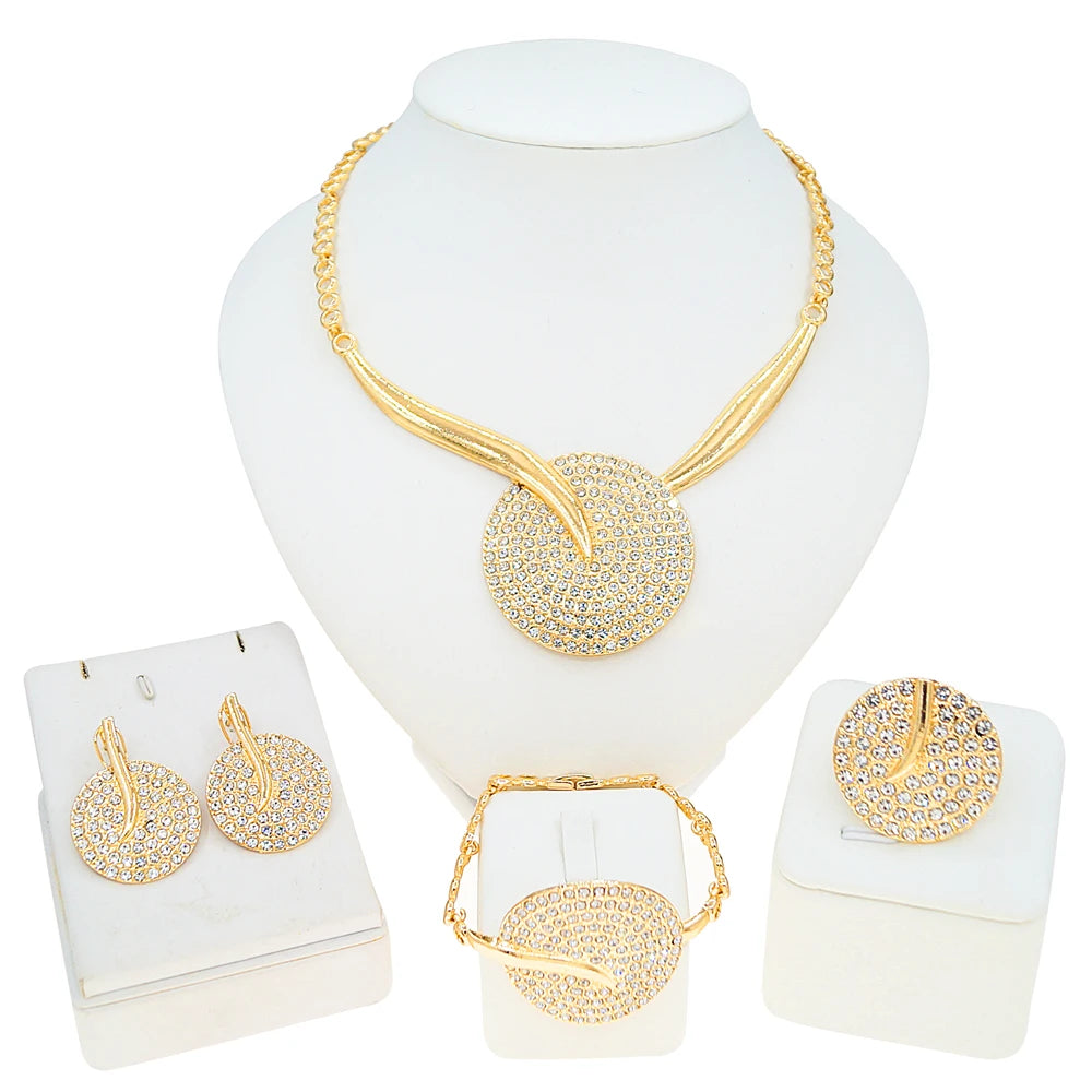 Zhuerrui Gold Plated Jewelry Set for Women Rhinestone Embellished Circular Necklace Earrings Bracelet Ring Party Gift HB01914