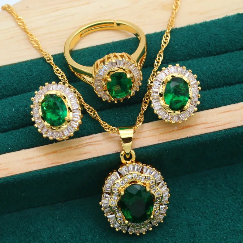 XOTICA Classic Gold Color Green Emerald Jewelry Set for Women Wedding Party Engagement Open Ring Bracelet Earrings Necklace Pendant