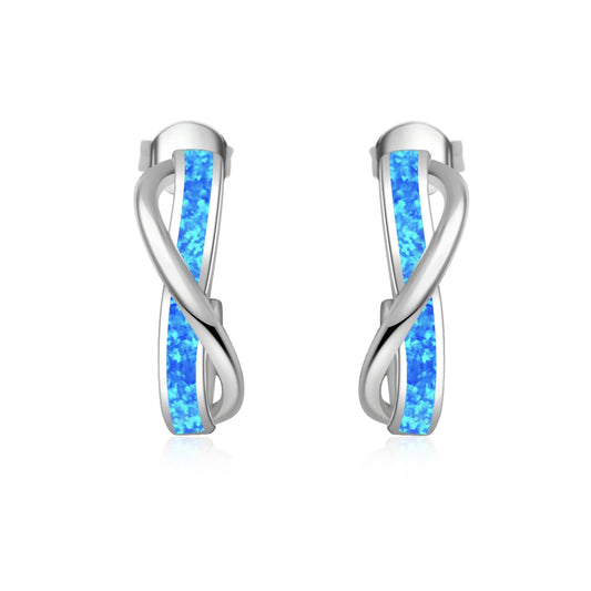 Eternal Twist Opal Huggie Earrings - Blue Fire Opal Inlaid Infinity Design | Minimalist Meaningful Jewelry Bulk Gifts