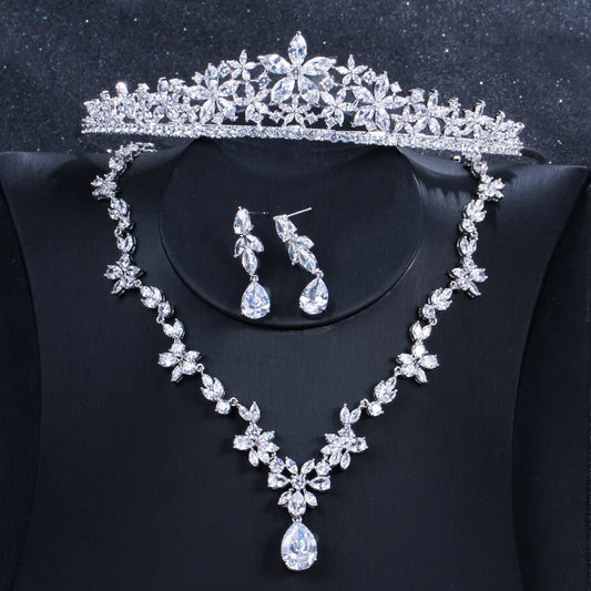 High Quality Cubic Zirconia Women Accessories Wedding Bridal Dress Luxury Necklace Earrings and Hair Crown Tiara Jewelry Set