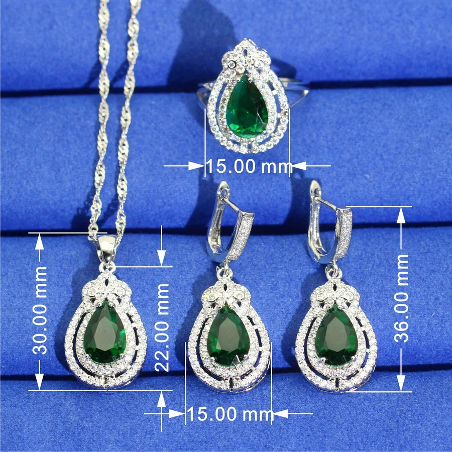 XOTICA Luxurious 925 Sterling Silver Jewelry Set for Women Green Zircon Earrings Necklace Pendant Ring for Weddings Dating Gifts