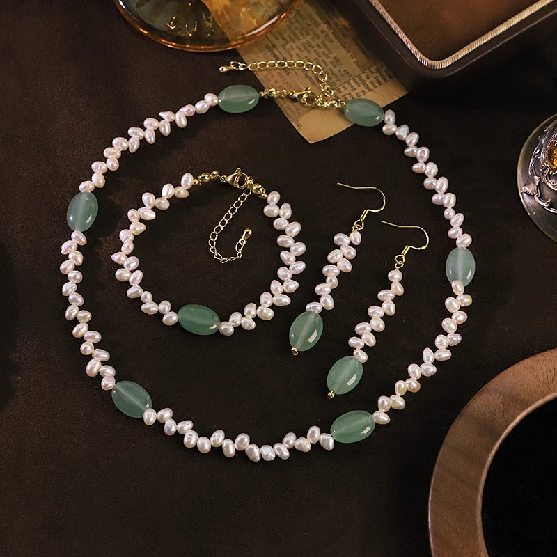 GLSEEVO Natural Freshwater Pearl & Green Stone Bead 3-Piece Jewellery Set — Necklace, Bracelet & Earrings