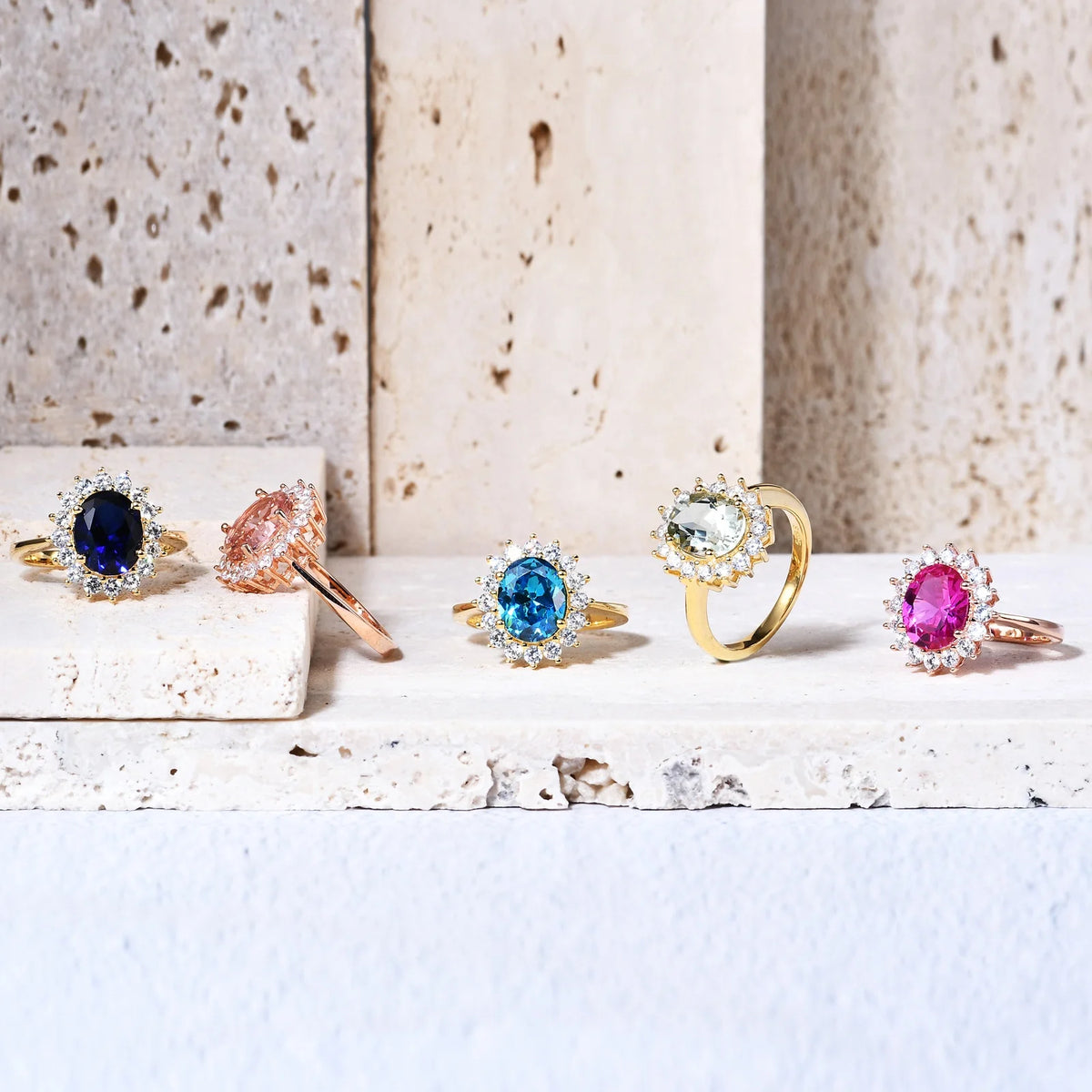 Gemfiori Abiding Gold Plated Oval Colored Stone 925 Sterling Silver Custom Wedding Halo Rings Jewelry for Women