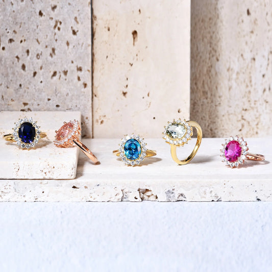 Gemfiori Abiding Gold Plated Oval Colored Stone 925 Sterling Silver Custom Wedding Halo Rings Jewelry for Women
