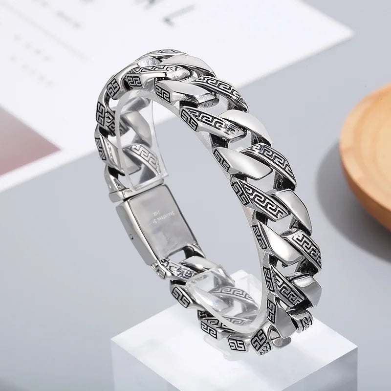 KALEN 22cm High Polished Engrave Symbol Retro Stainless Steel Mens Cuban Chain Link Bracelet