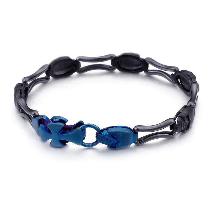 VIKING Mens Punk Skeleton Charm Bracelet – Blue & Black Stainless Steel
