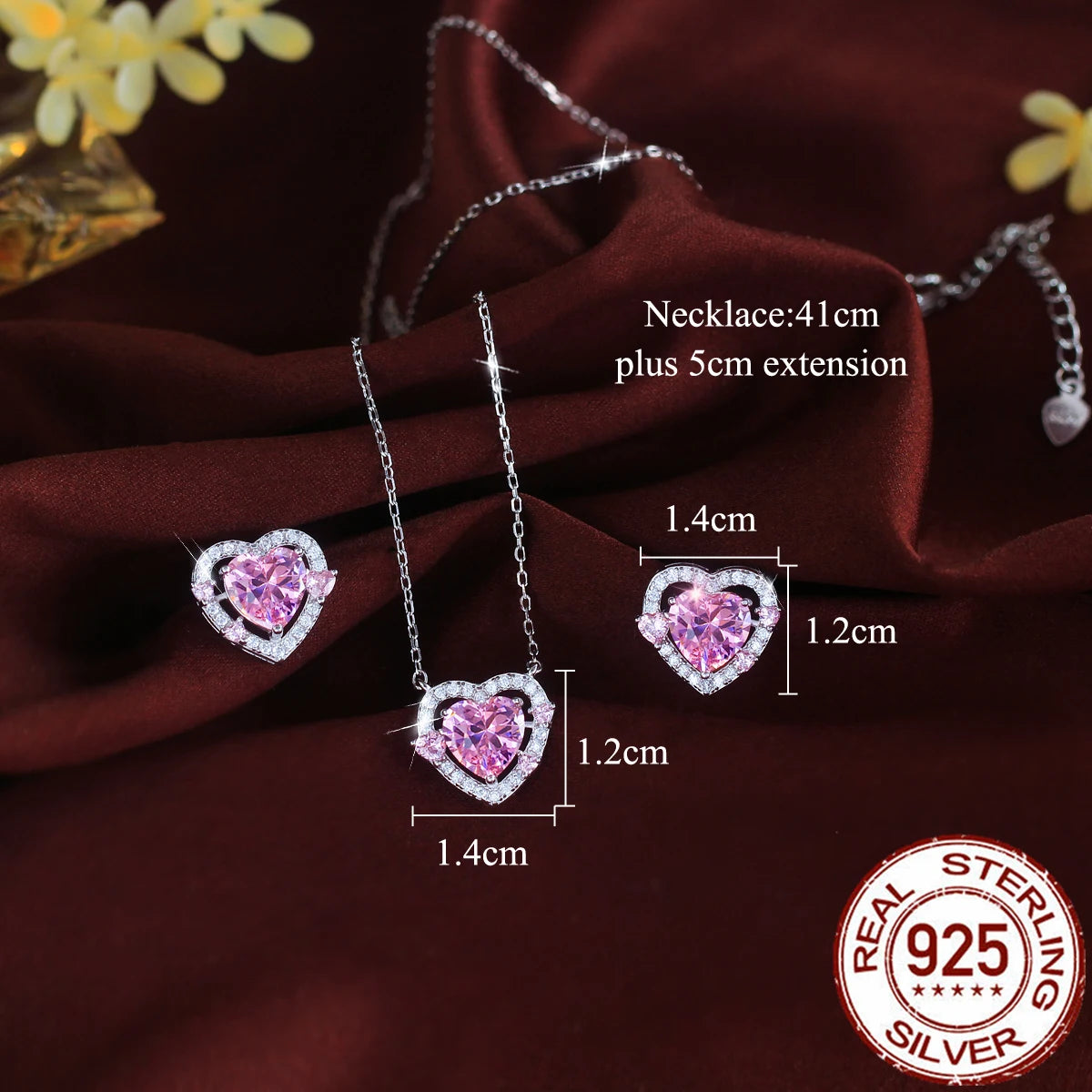 Fine Zirconia Jewelry Set 925 Sterling Silver Pink CZ Love Heart Pendant Necklace Earrings Romantic Jewelry Set for Women