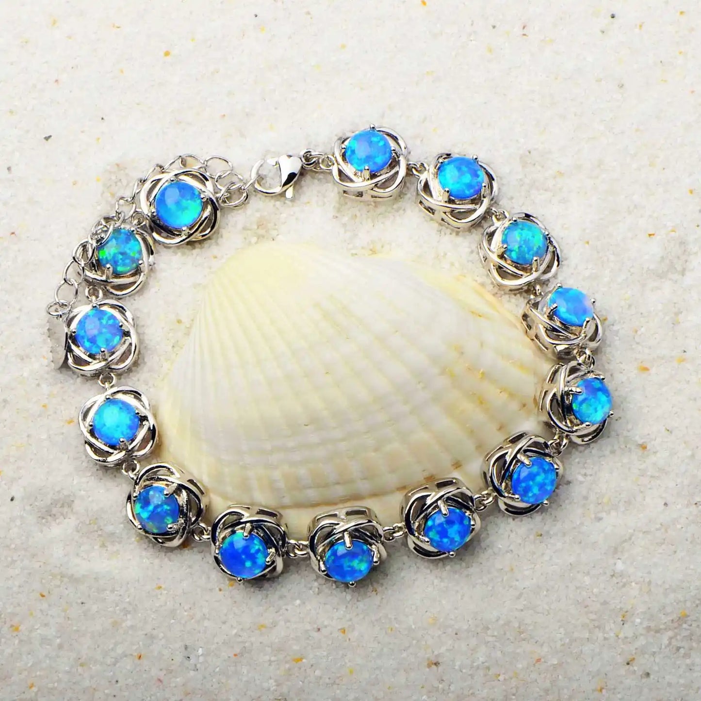 Trendy Brass Beaded Opal Inlaid Christian Bracelet Hawaiian Style Egg & Flower Design Silver Plated Fashion Accessories Bulk