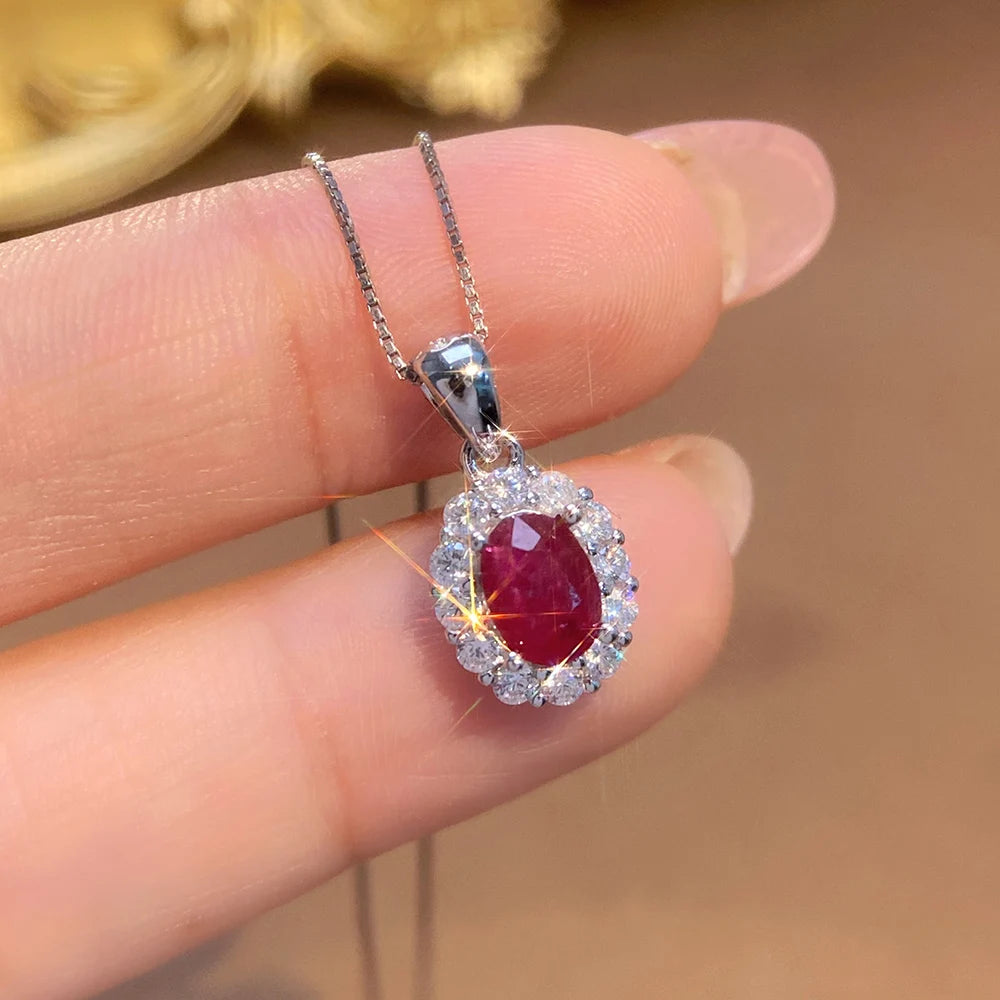 Gioiellieri Natural Red Ruby Pendant Necklace S925 Sterling Silver Fine Jewelry for Women Fashion Gemstone Charm Anniversary Gift