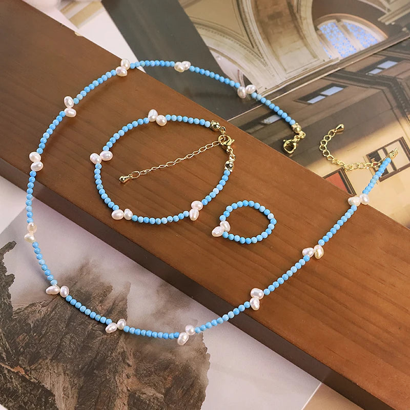 GLSEEVO Natural Freshwater Pearl & Turquoise Bead 3-Piece Jewellery Set — Necklace, Bracelet & Ring