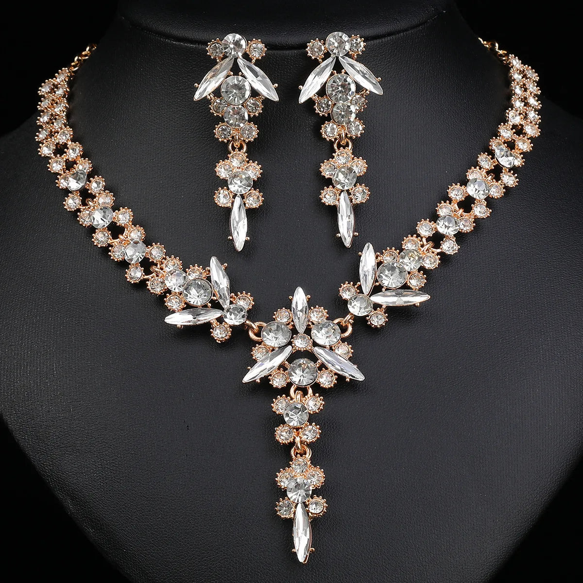 Crystal Rhinestone Geometric Bridal Necklace & Earrings Set | Wedding Banquet Fashion Jewellery | 6 Colours