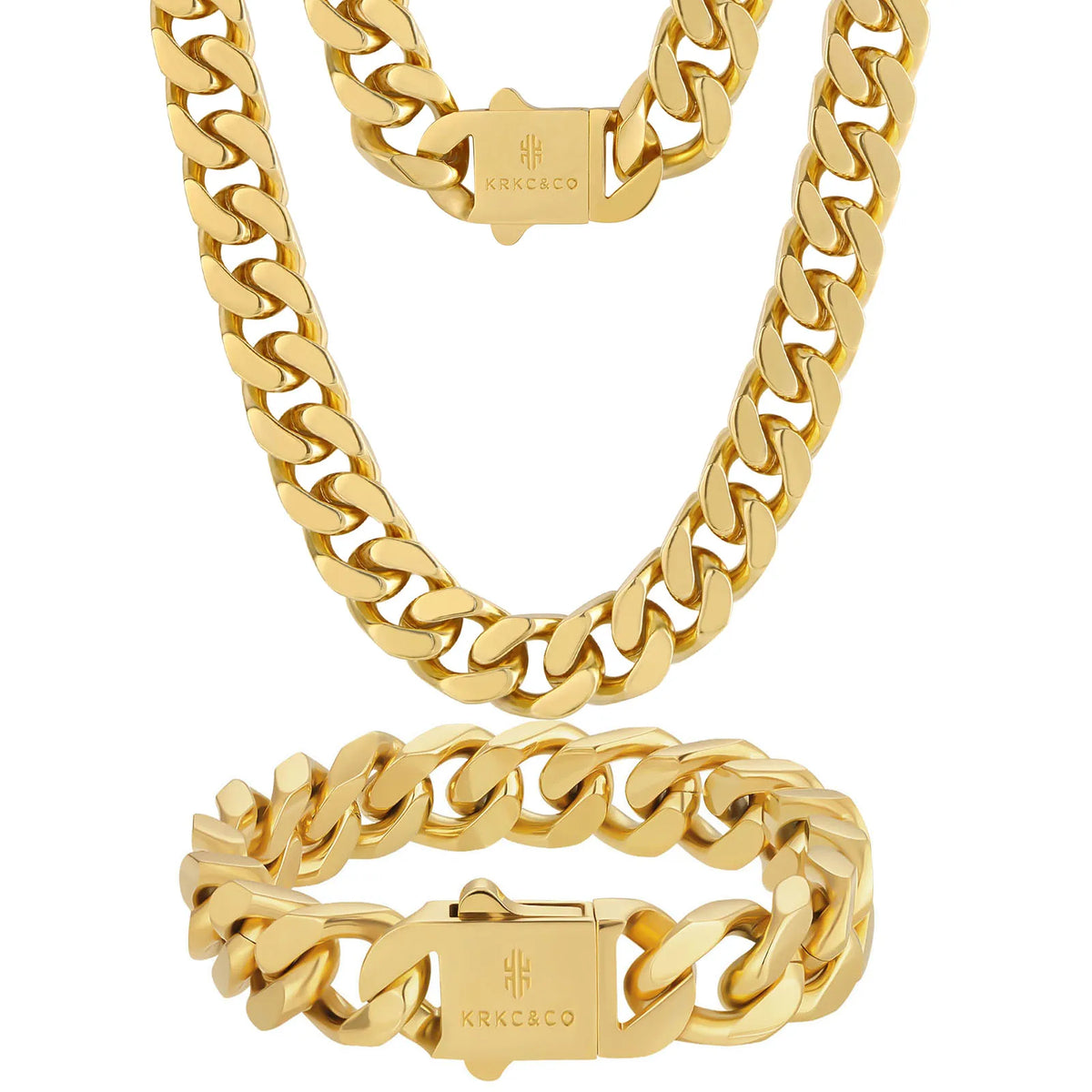 REBEL 14mm Chunky Curb Link 18K Real Gold Plated Stainless Steel Thick Bracelets Hip Hop Jewelry Miami Cuban Chain Necklace for Men