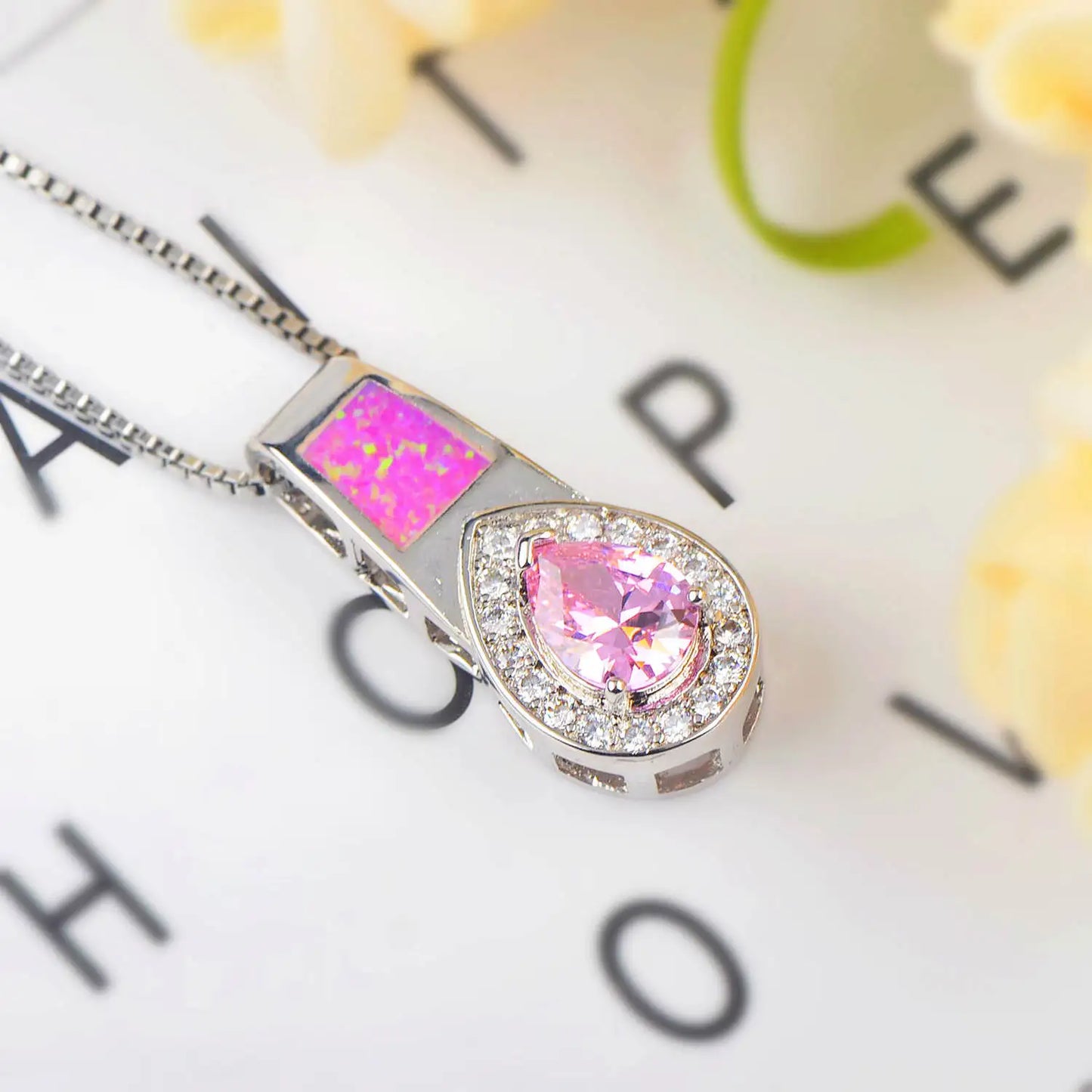Aobao Trendy Vintage Water Drop-Shaped Necklace with Heart Pendant Sweater Chain Opal-Gift for Women