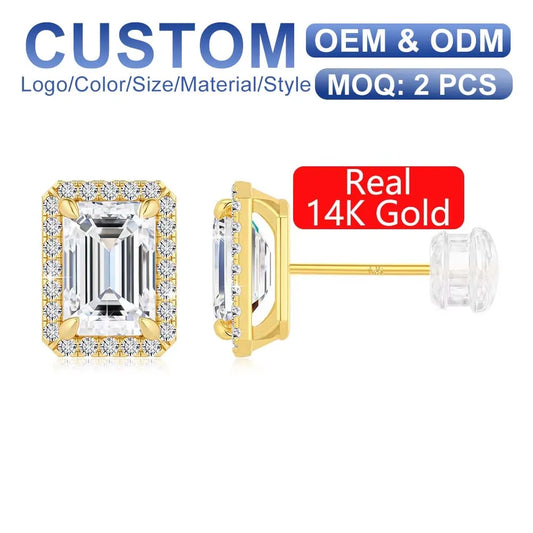 Gioiellieri Woman Luxury Halo Jewelry Style Engagement Mother's Day Gift Hollow 14K Gold 1 Carat Emerald Cut Moissanite Stud Earrings