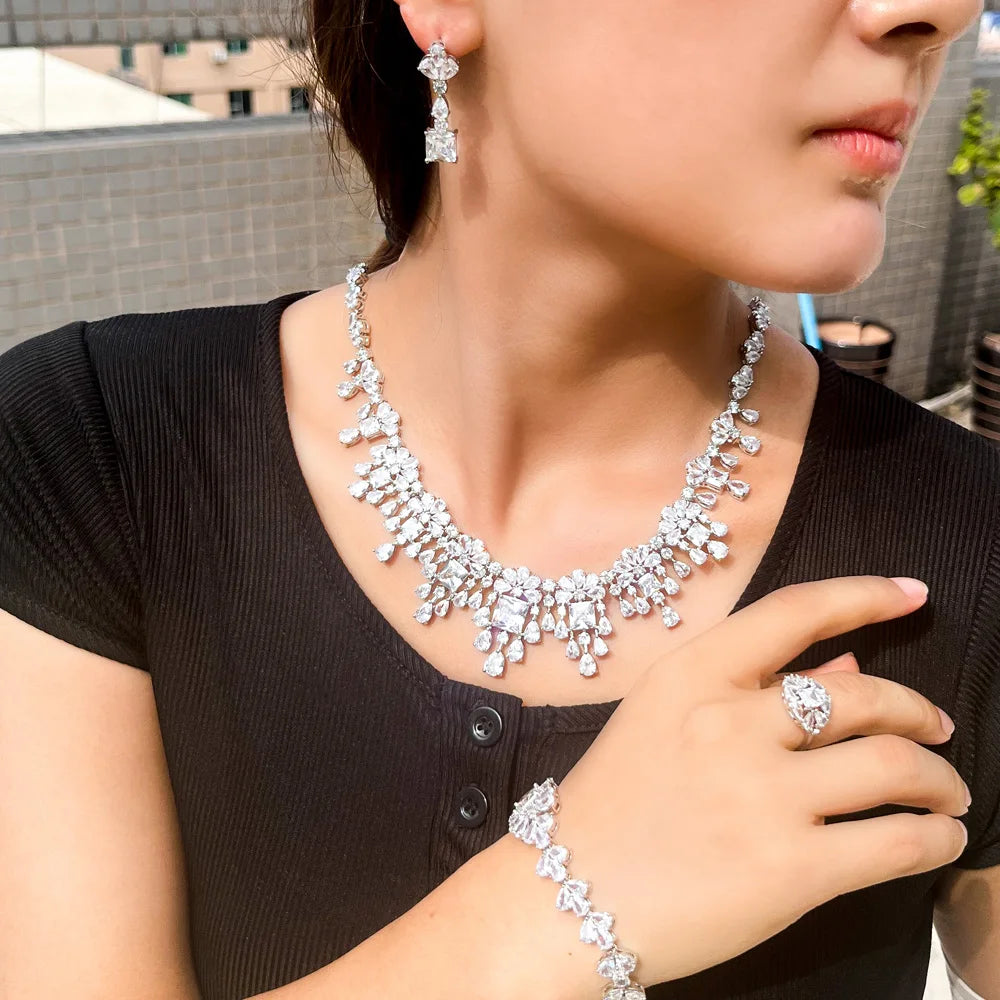 4pcs Big Dubai Cubic Zirconia Flower Fringed Expensive Luxury Chunky Wedding Bridal Necklace Jewelry Sets for Women Jewellery