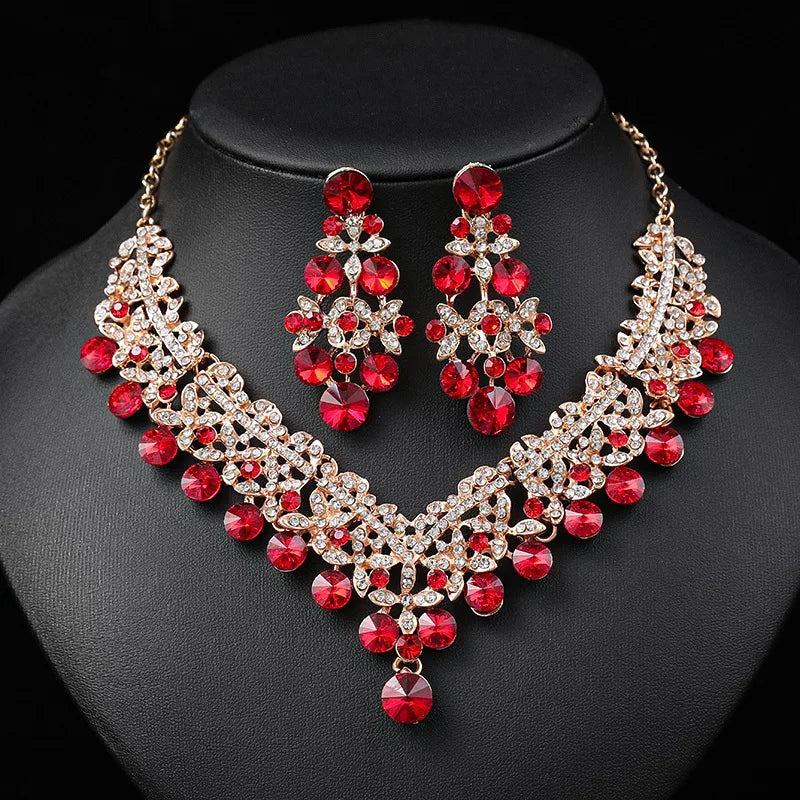 Crystal Flower Necklace & Earrings Jewellery Set | 6 Colours Bridal Evening Fashion Set