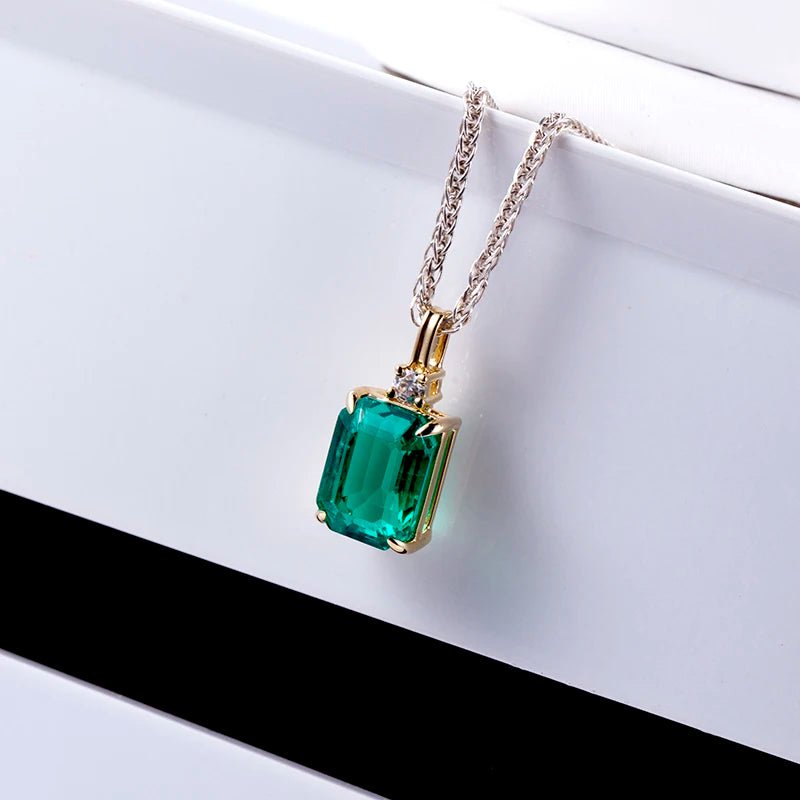 Messi Jewelry MSN-617 925 Silver Pendant Necklace Emerald Cut Lab Grown Emerald Necklace