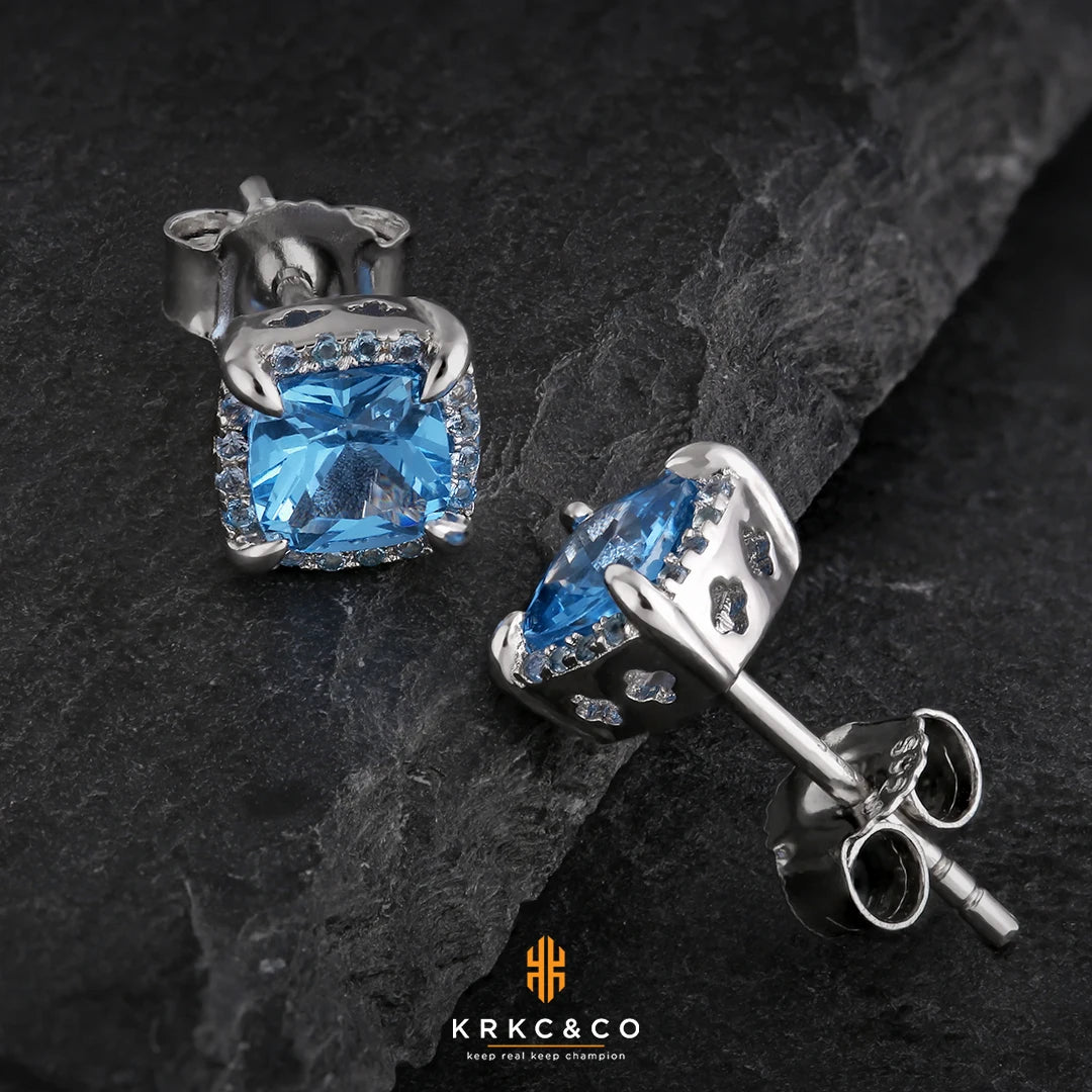 REDheart 7mm Blue Men Earrings 14K White Gold Plated 925 Sterling Silver Square Cubic Zirconia Simulated Diamond Halo Stud Earrings