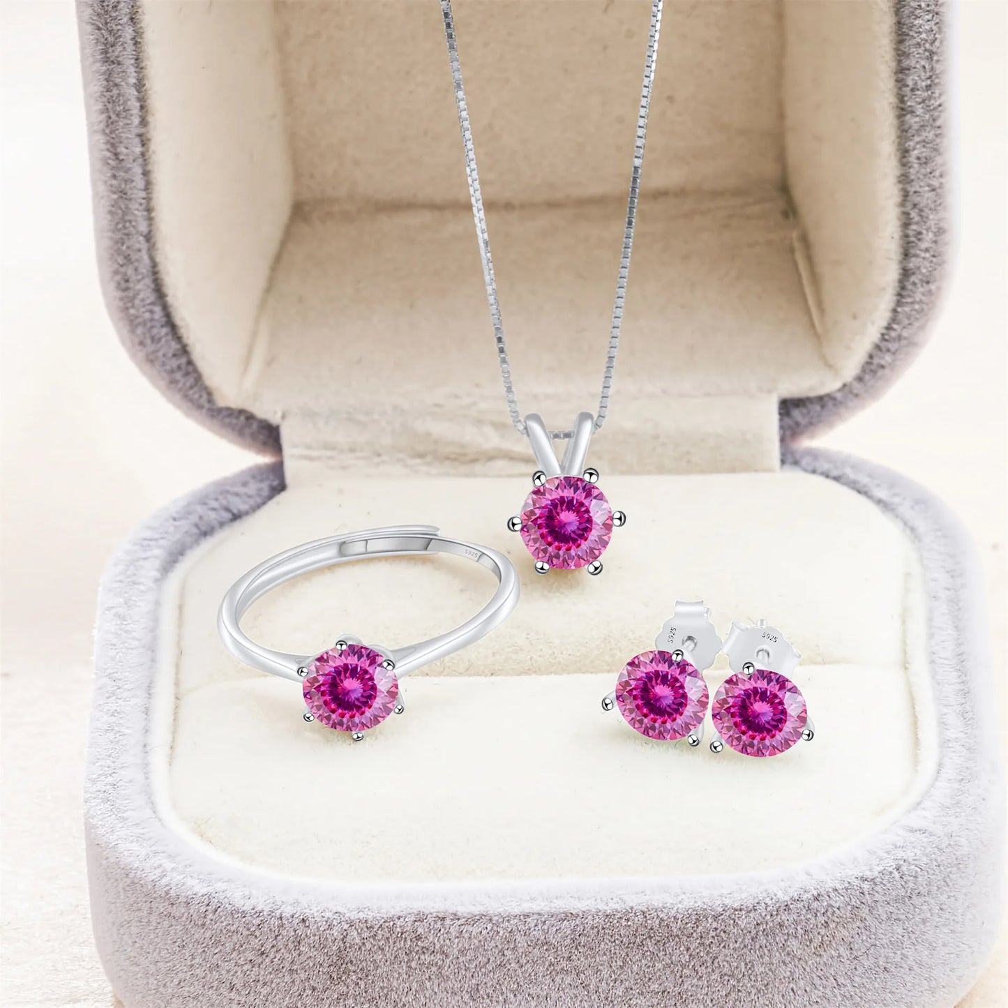 Simple D Color VVS1 GRA 1CT Round Cut Colored Moissanite Jewelry 925 Silver Wedding Ladies Necklace Earrings Ring 3 Piece Sets