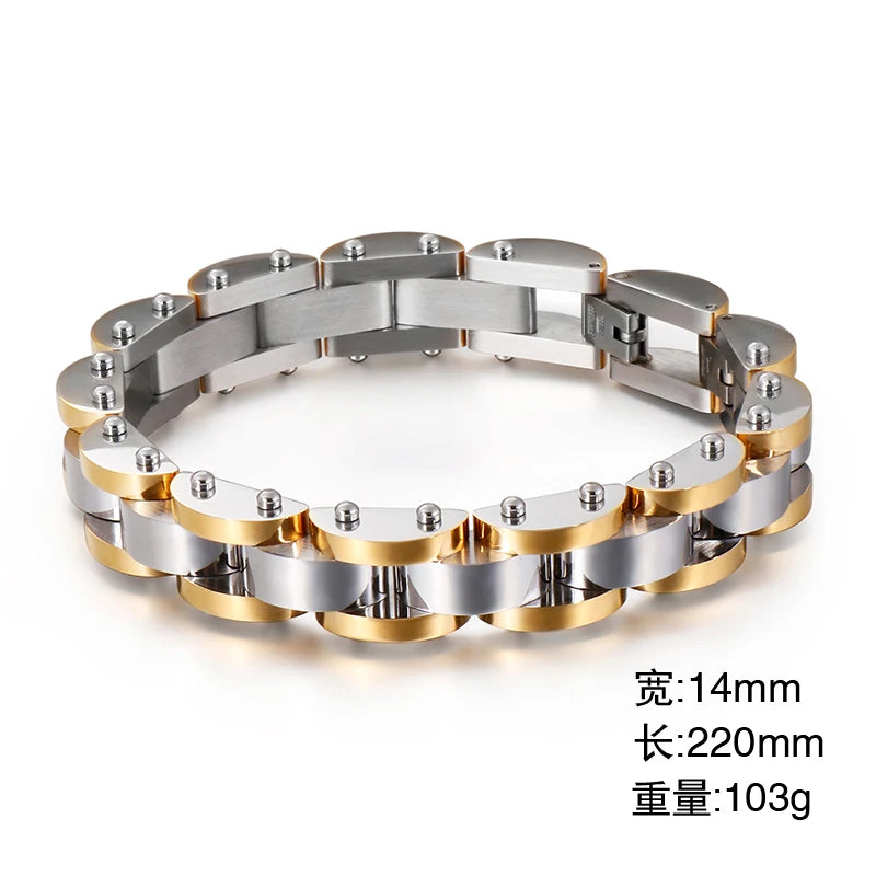 KALEN Stainless Steel Gold Plated Bike Chain Bracelets for Men