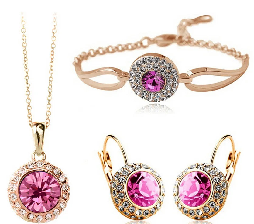 2026 Trendy Gem Stones Earrings/Bracelet/Necklace Big Statement Blue Enamel Vintage Style Gold Plated Jewelry Set for Women
