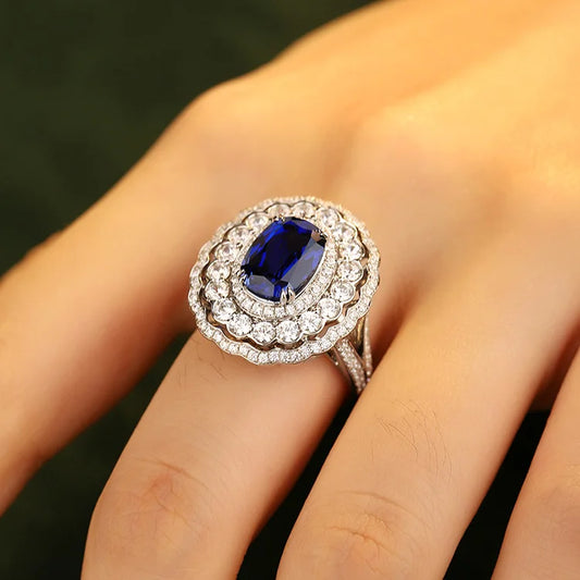 Gemfiori Silver S925 Cushion Blue Baguette Lab Sapphire Flower Halo Ring for Women 3.79ct Sapphire Stone