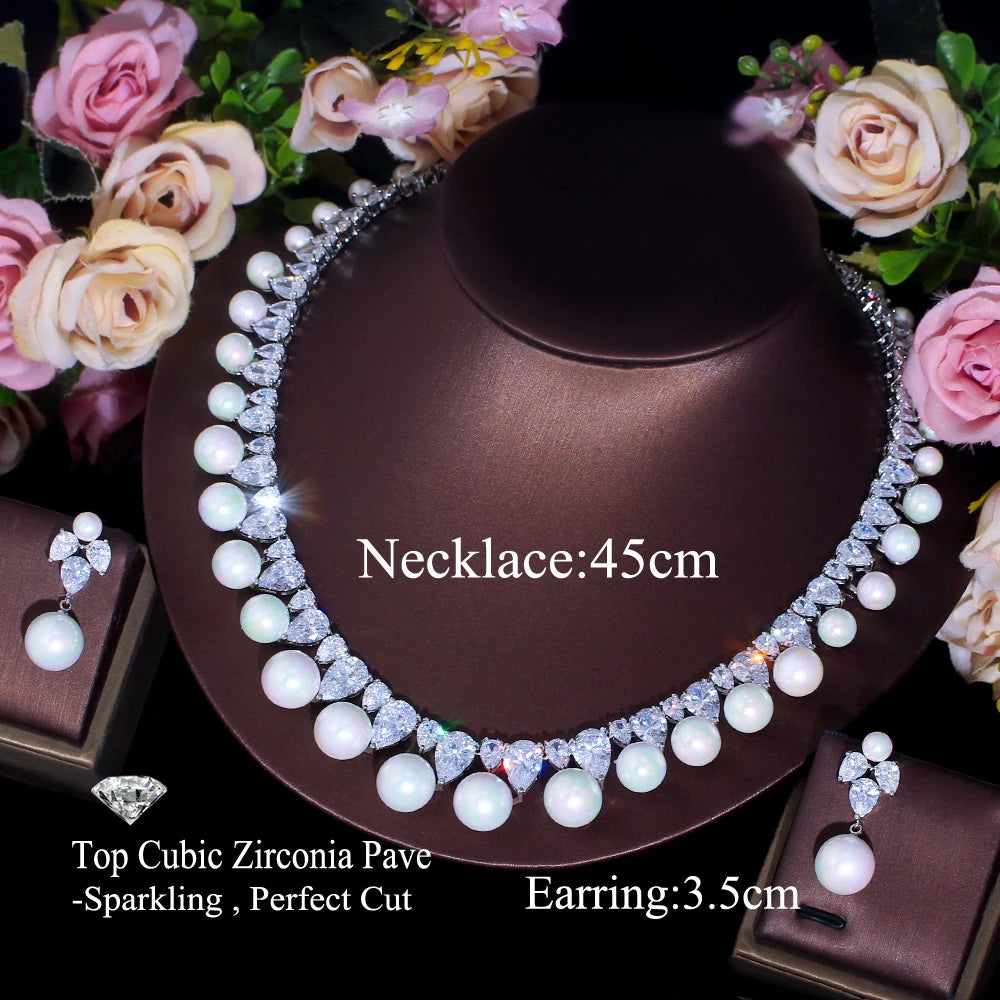 Bling Cubic Zirconia Big Simulated Pearl Necklace and Earrings Bridal Luxury Jewelry Set for Women Wedding Engagement Accessory