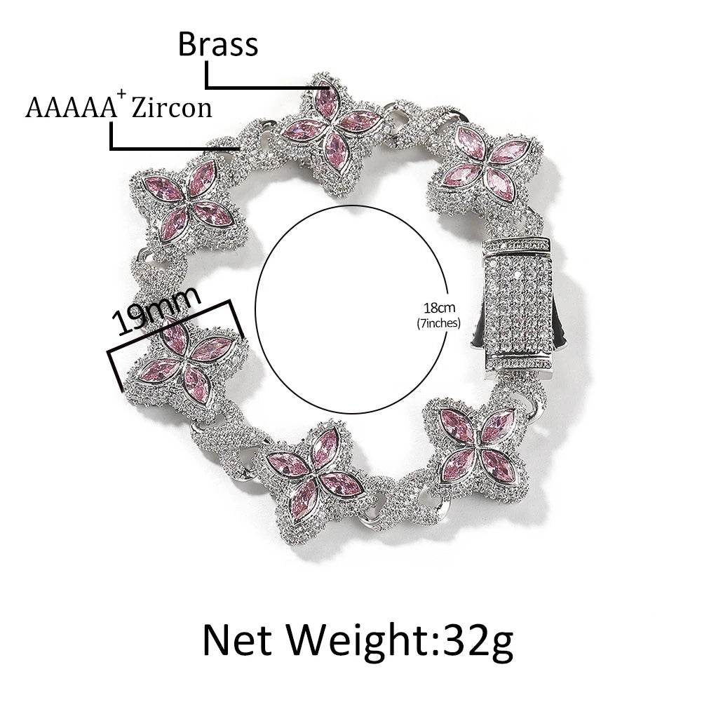 Fashion Hip Hop Jewelry 20mm Rose Gold Brass AAAAA CZ Colored Diamond Four Leaf Clover Infinity Link Bracelet