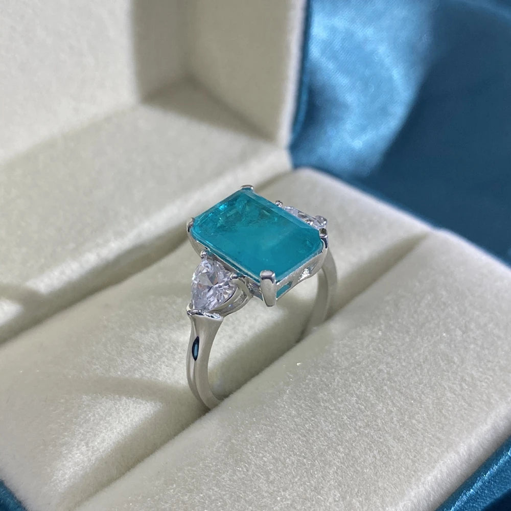 MuShan Jewelry Factory 925 Silver 5 Carat Synthetic Paraiba Rectangular 8*12 High Carbon Diamond Ring for Women