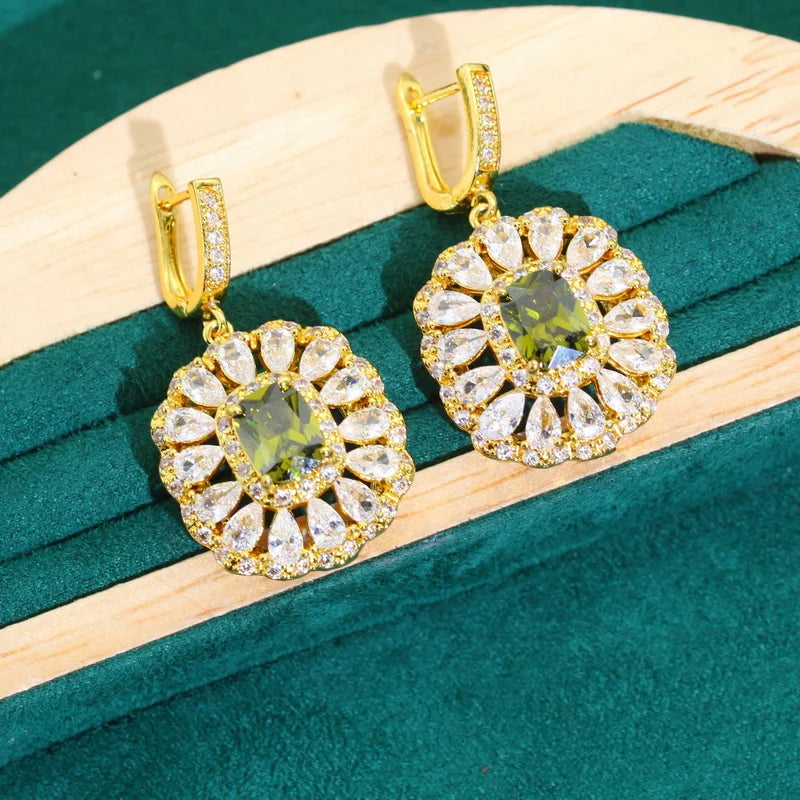 XOTICA Women's Gold Color Jewelry Set Olive Green Zircon Wedding Party Necklace Pendant Bracelet Ring Birthday Gifts for Friends
