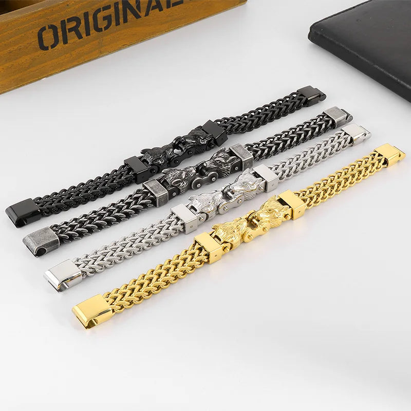 KALEN Men Punk Gold/Silver/Black/Oxidized Black Stainless Steel Wolf Head Charm Herringbone Chain Bracelet