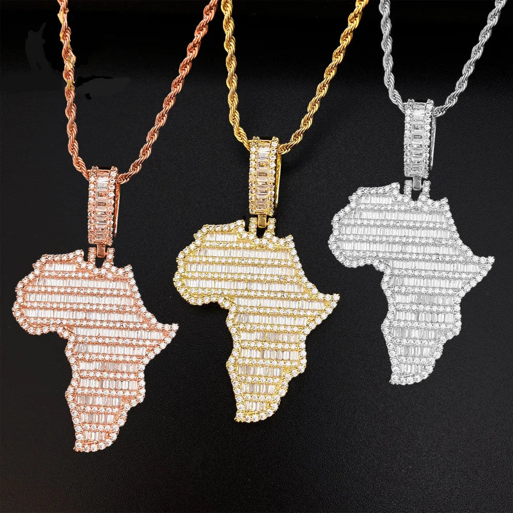 Light Luxury Zircon Brass Hip-Hop Necklace Africa Map Shaped Pendant Gold Plated Necklace