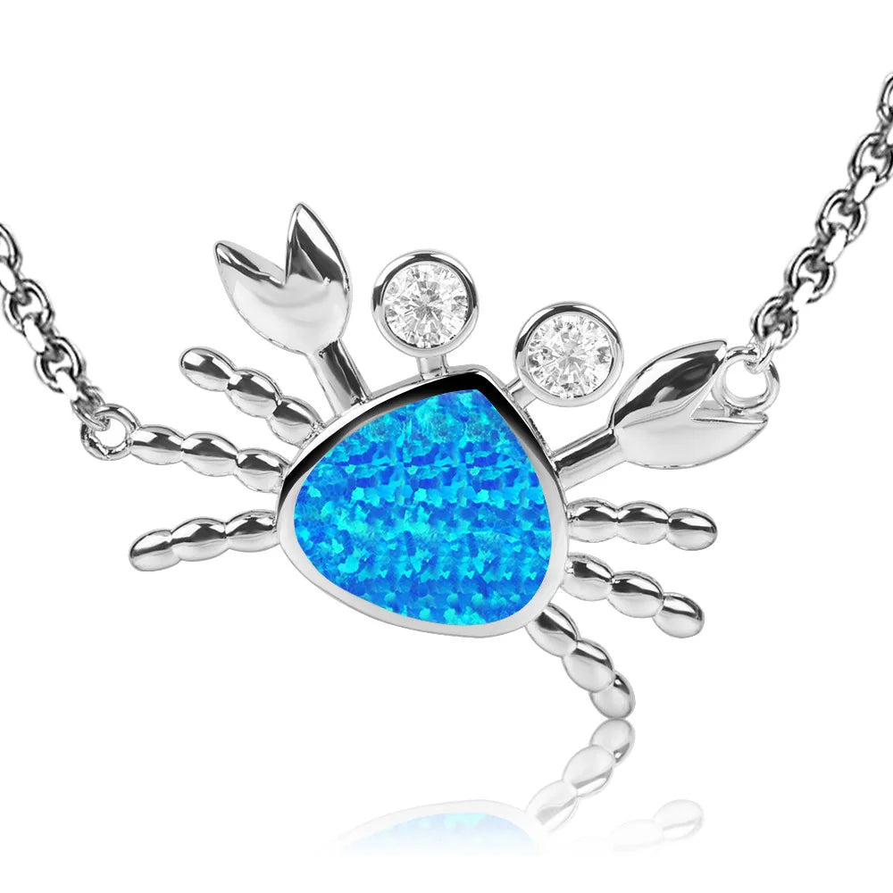 Cute Crab Opal Copper Silver Plated Link Chain Sweater Necklace-Trendy Hawaiian Sea Style Colorful Gem Jewelry Bulk Supply