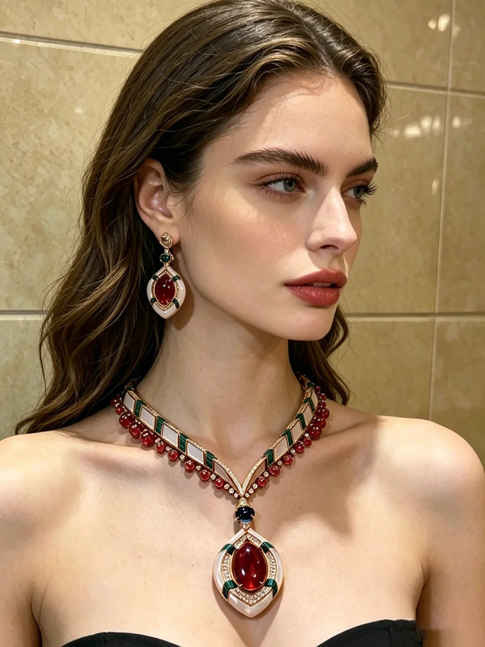 XM S427 Rose Gold Plated Marquise Cut Topaz, White Shell & Green Enamel CZ Pendant Necklace & Drop Earrings Set