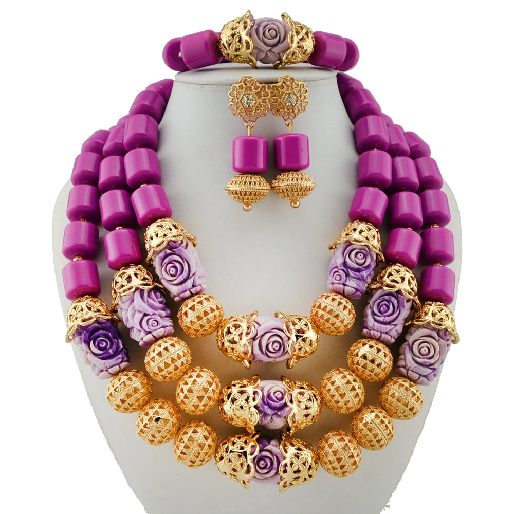 Zhuerrui Traditional Nigerian Red Bead Jewelry Set African Bridal Necklace Earrings for Wedding and Party YL111