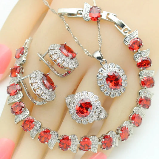 Wholesale Silver Women's Fashion Jewelry Sets for Weddings Engagements Includes Bracelet Hoop Earrings Pendant Gift Box Zircon